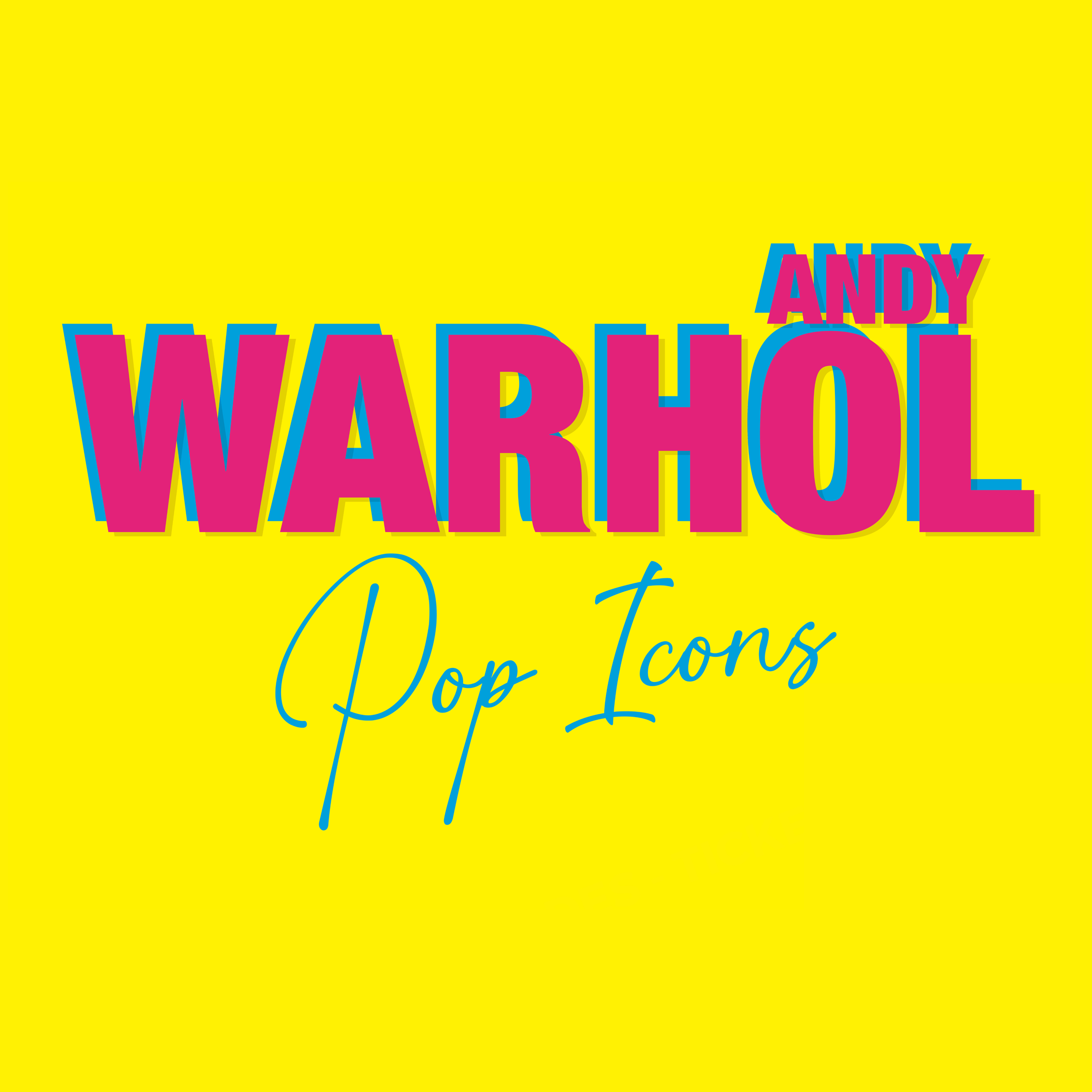 «Andy Warhol. Pop Icons» en lletres magenta i cian sobre fons groc — exposició al Palau Martorell