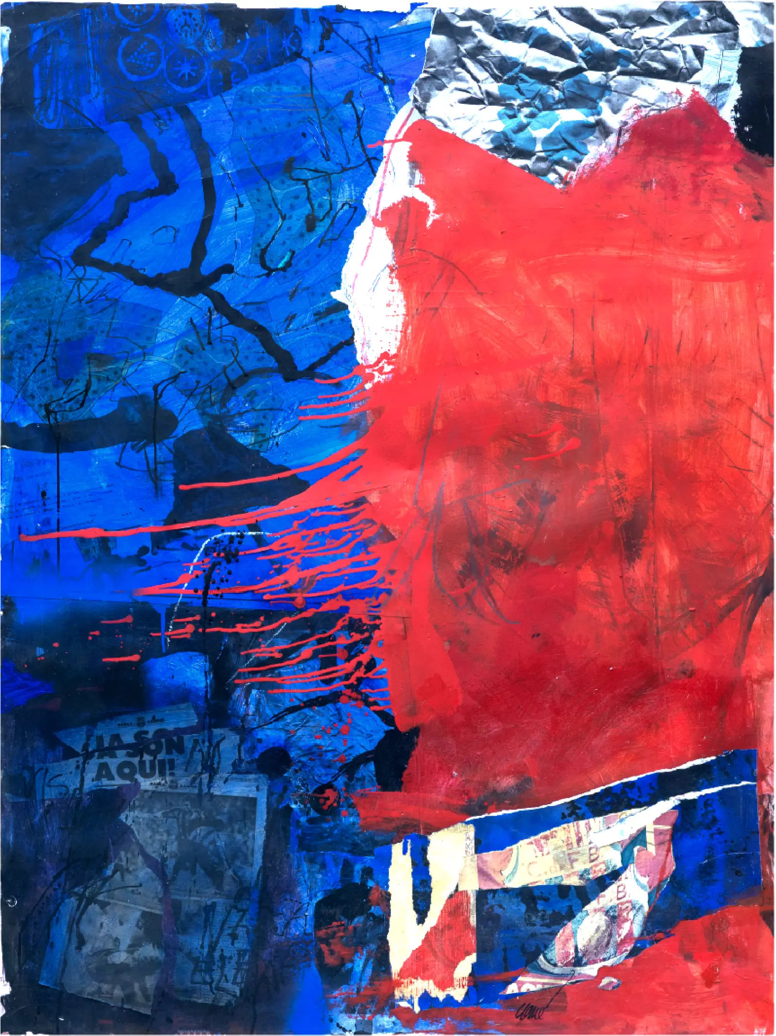 Obra abstracta en blau i vermell d'Antoni Clavé — exposició al Palau Martorell
